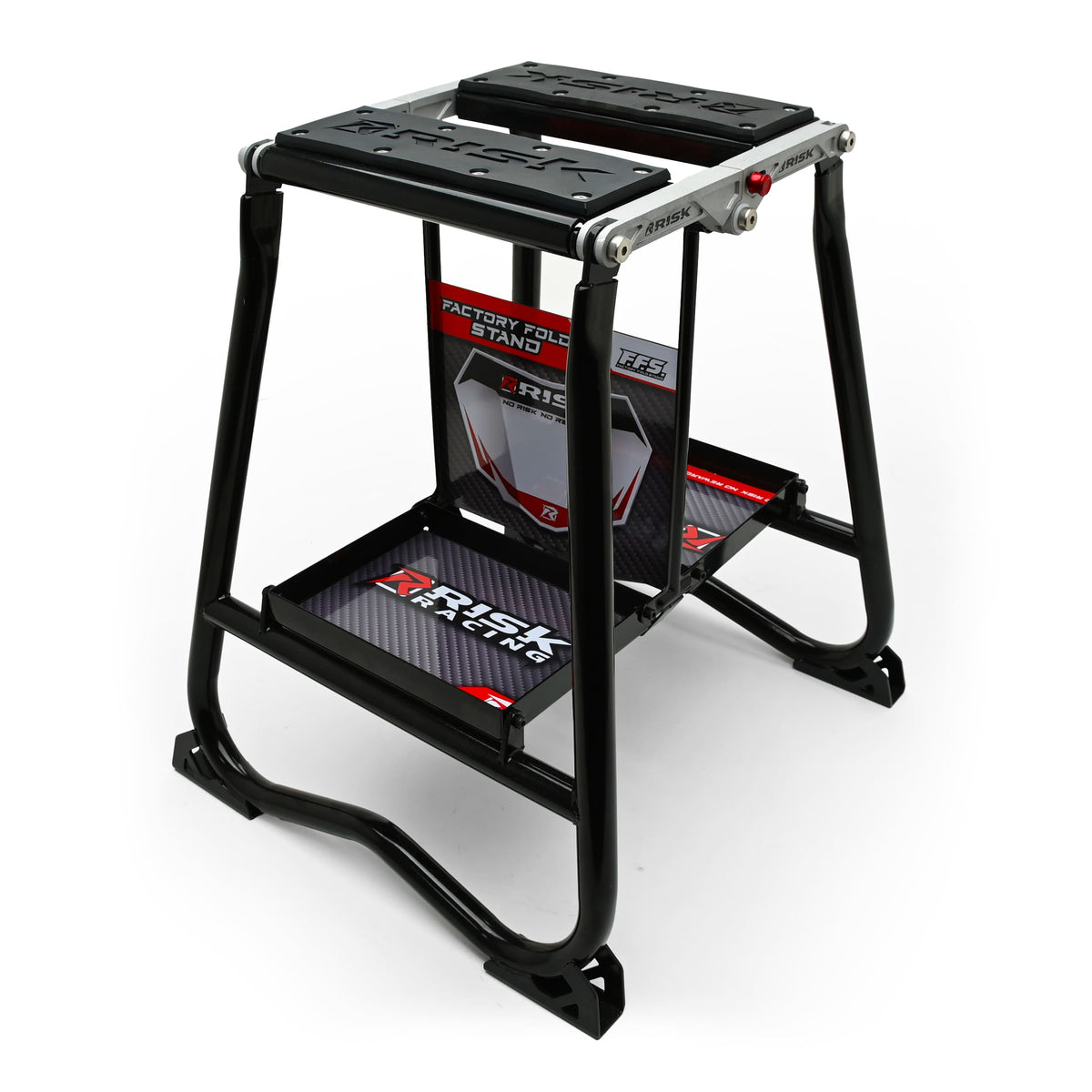 Risk Racing F.F.S. Factory Fold Stand, black steel motocross stand on a white background