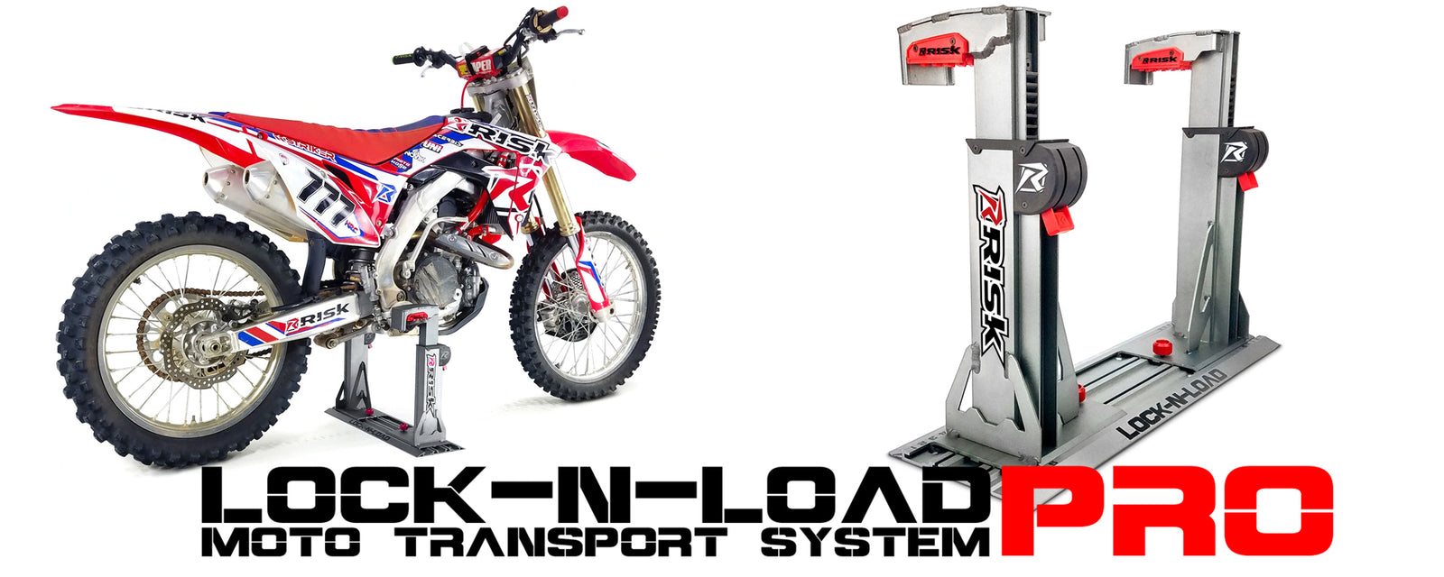 Lock-N-Load Pro homepage banner featuring one LNL with a dirt bike in it and one by itself and the product logo