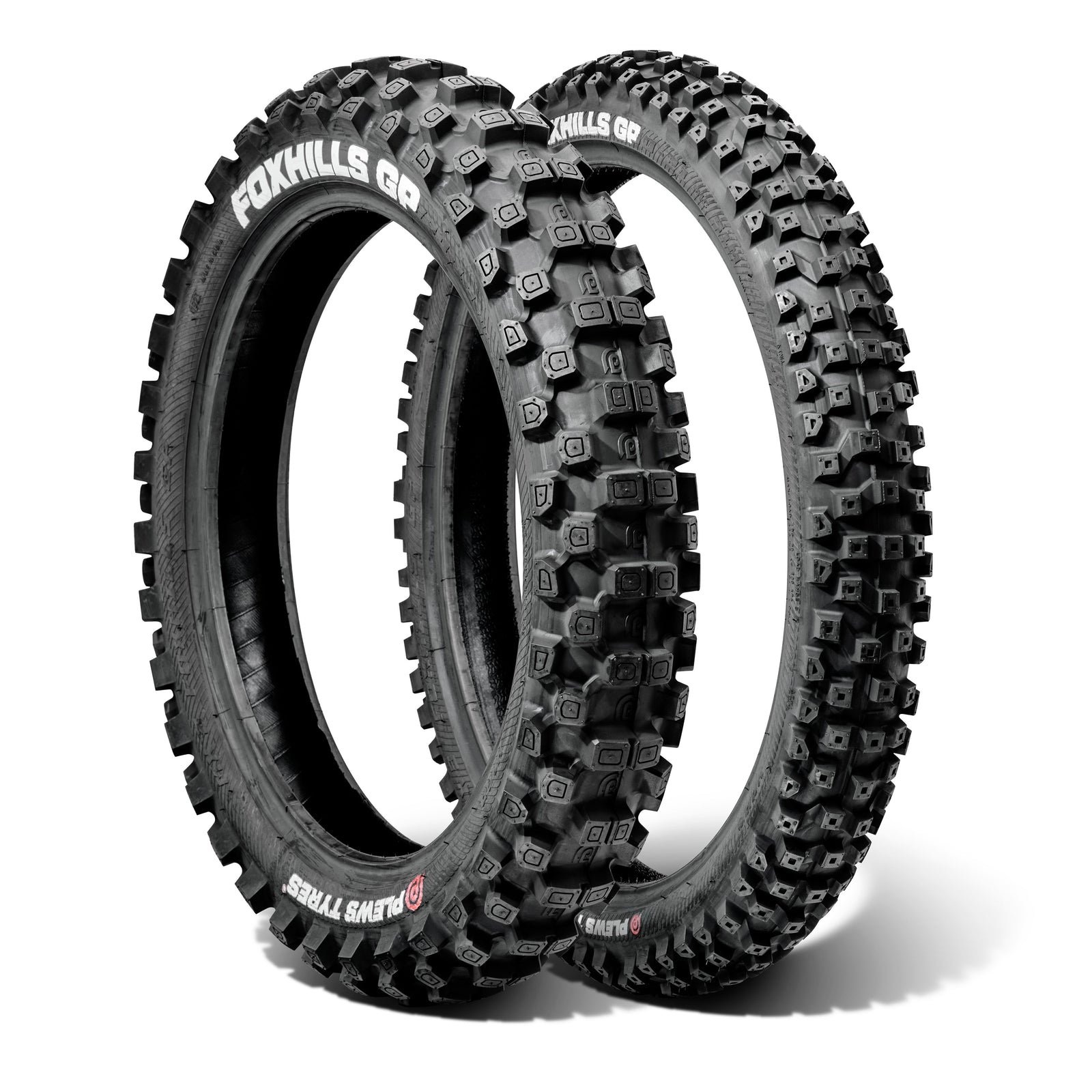 Two off-road dirt bike tires with 'FOXHILLS GP' branding on a white background