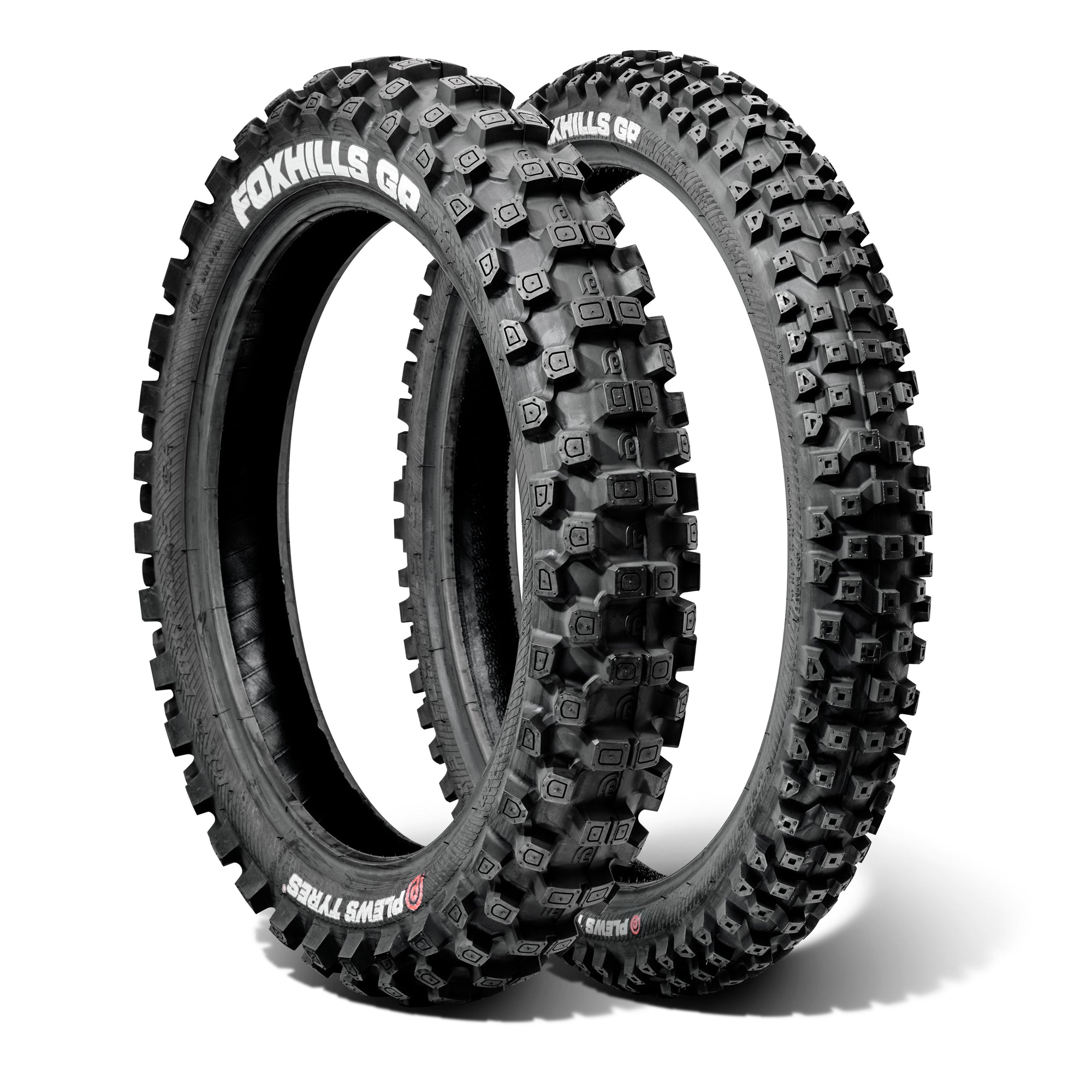 Two off-road dirt bike tires with 'FOXHILLS GP' branding on a white background