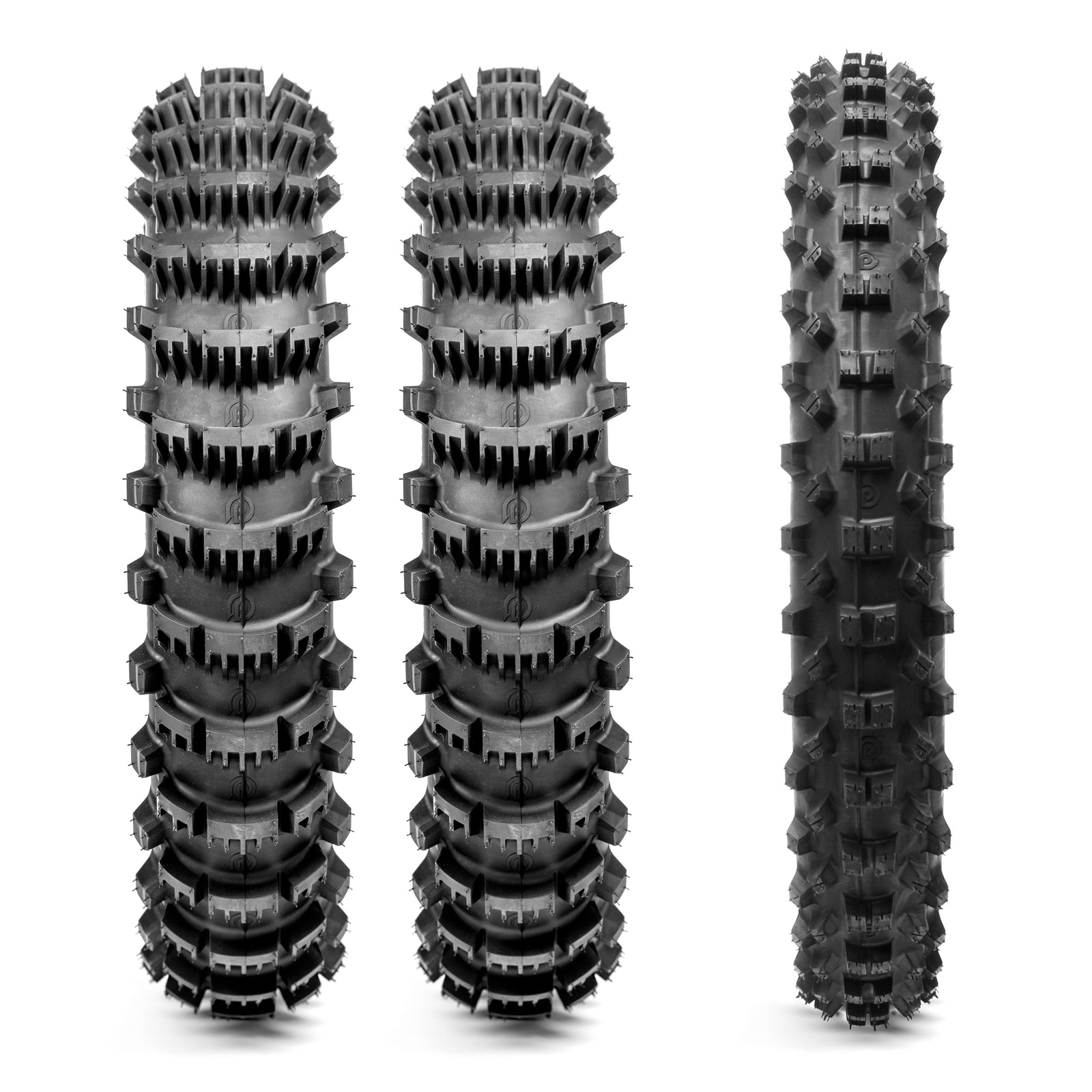 Three off-road dirt bike tires with visible Plews Tyres branding on a white background