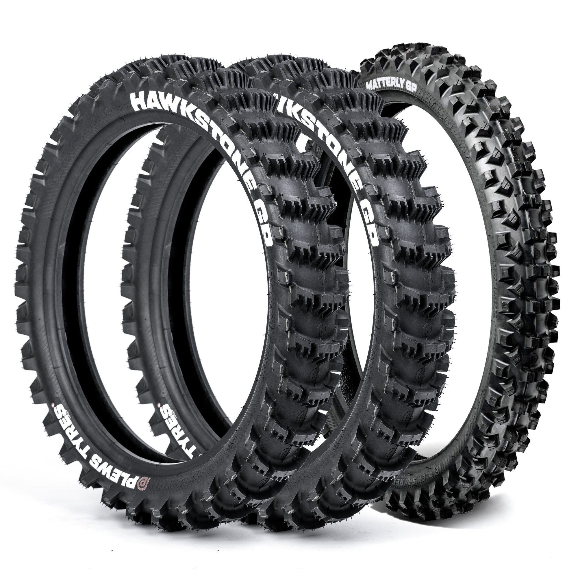 Three off-road dirt bike tires with visible Plews Tyres branding on a white background
