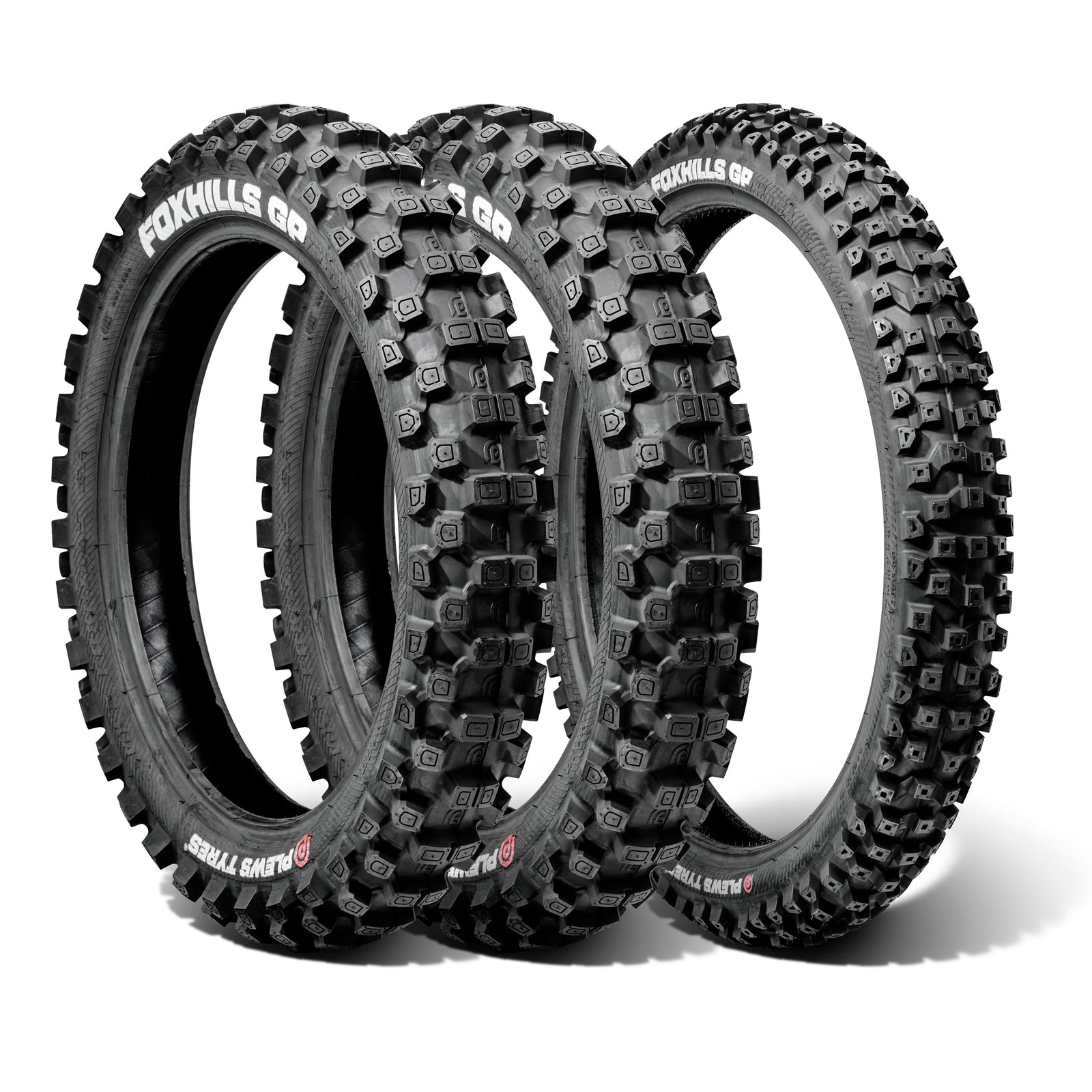 Plews Tyres | Hard Pack 3pc Set | MX3 FOXHILLS GP 1 Front & 2 Rear Motocross Tire Bundle - 3/4 view
