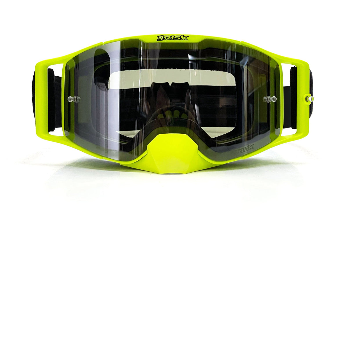 Front view of a J.A.C. V3 MX Goggle close up with Clear tear-offs installed- Risk Racing